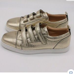 Christian Louboutin Womens Kiddo Donna Three Strap Leather Gold Sneakers